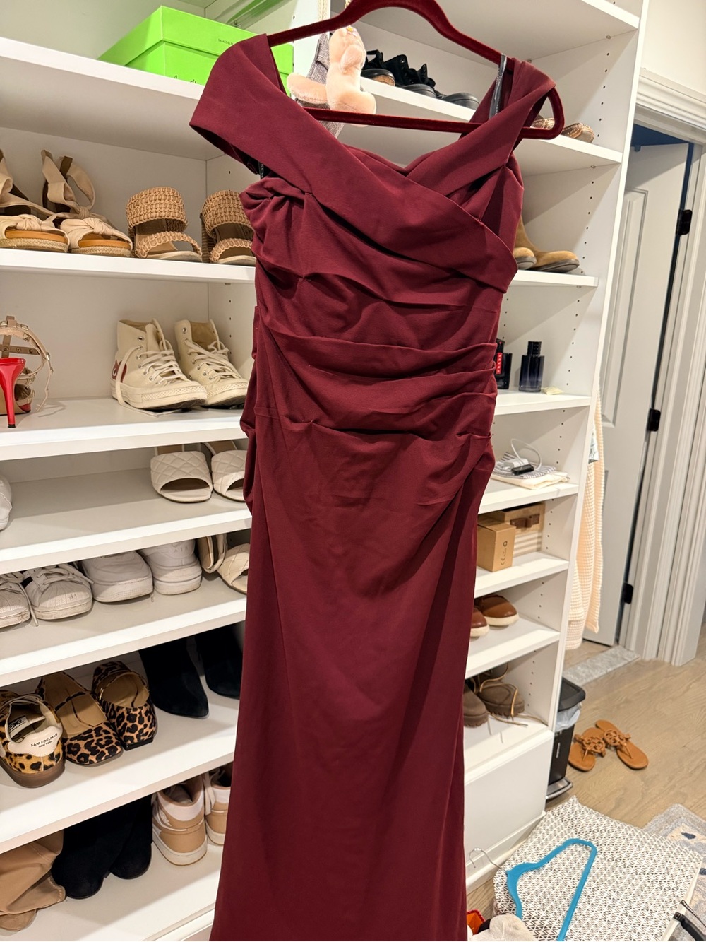 Bill Levkoff Burgundy Off-Shoulder Ruched Maxi Gown